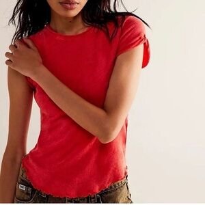 Free People We The Free Be My Baby Tee Tomato Red Lettuce Hem Baby Tee Top New